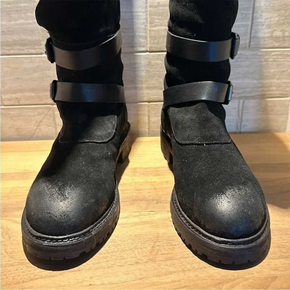 New Free People Tristie Buckle Strap Knee-High Biker Boots Black Leather US 9